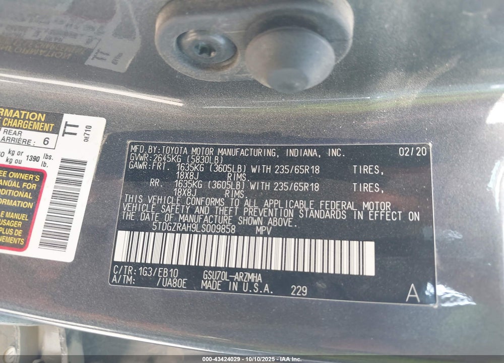 2020 TOYOTA HIGHLANDER XLE VIN: 5TDGZRAH9LS009858
