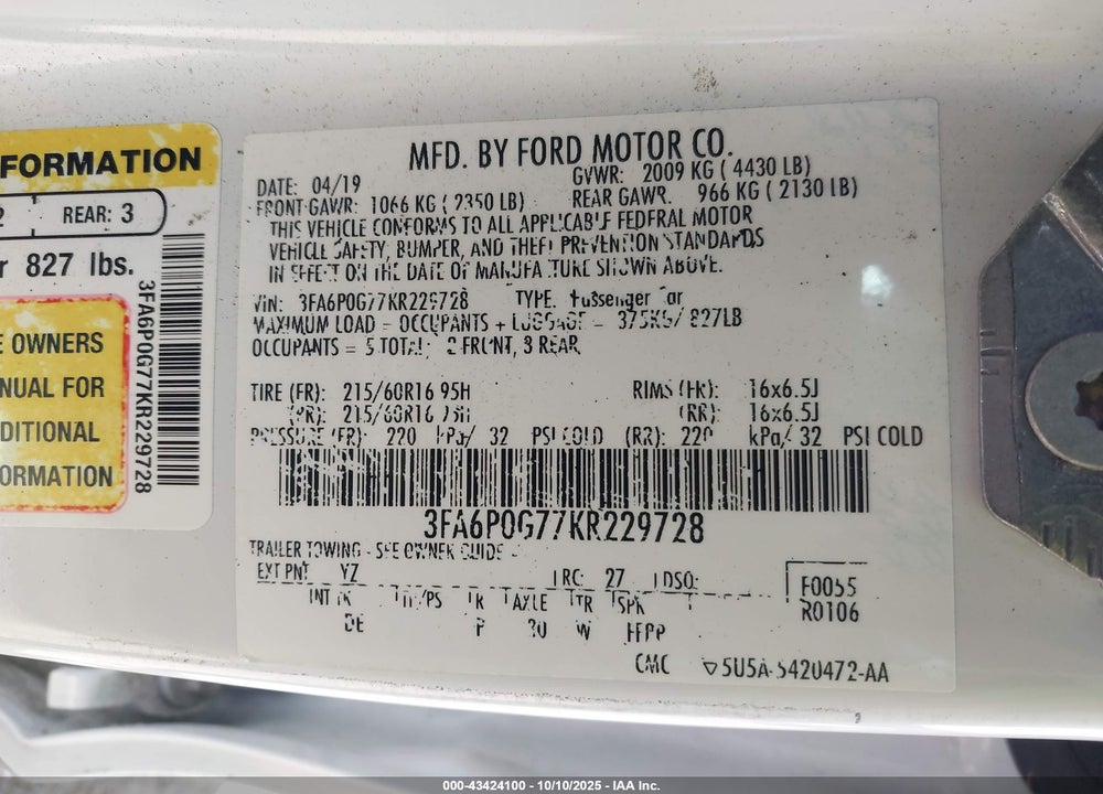 2019 FORD FUSION S VIN: 3FA6P0G77KR229728