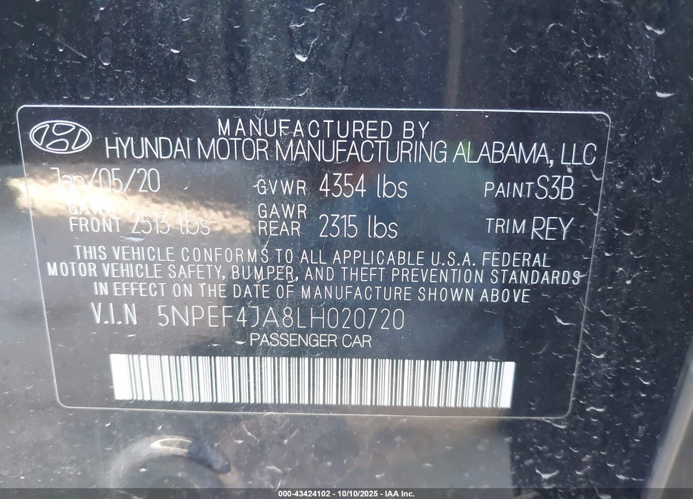 2020 HYUNDAI SONATA SEL VIN: 5NPEF4JA8LH020720