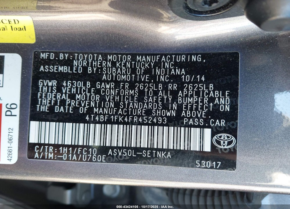 2015 TOYOTA CAMRY LE VIN: 4T4BF1FK4FR452493