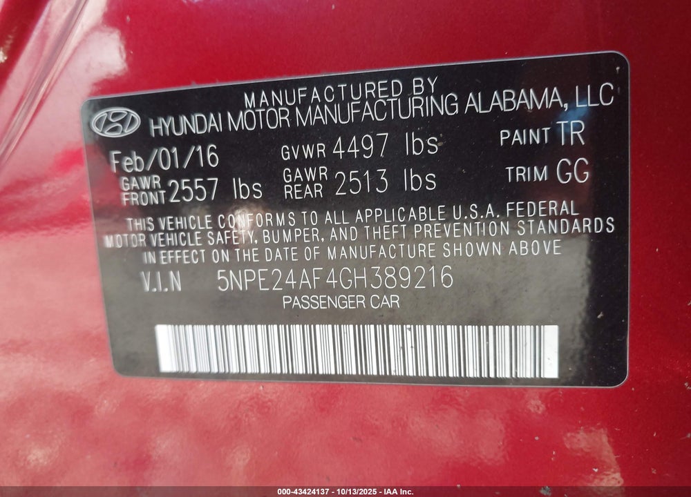 2016 HYUNDAI SONATA SE VIN: 5NPE24AF4GH389216