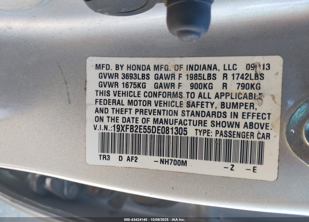 2013 HONDA CIVIC VIN: 19XFB2E55DE081305