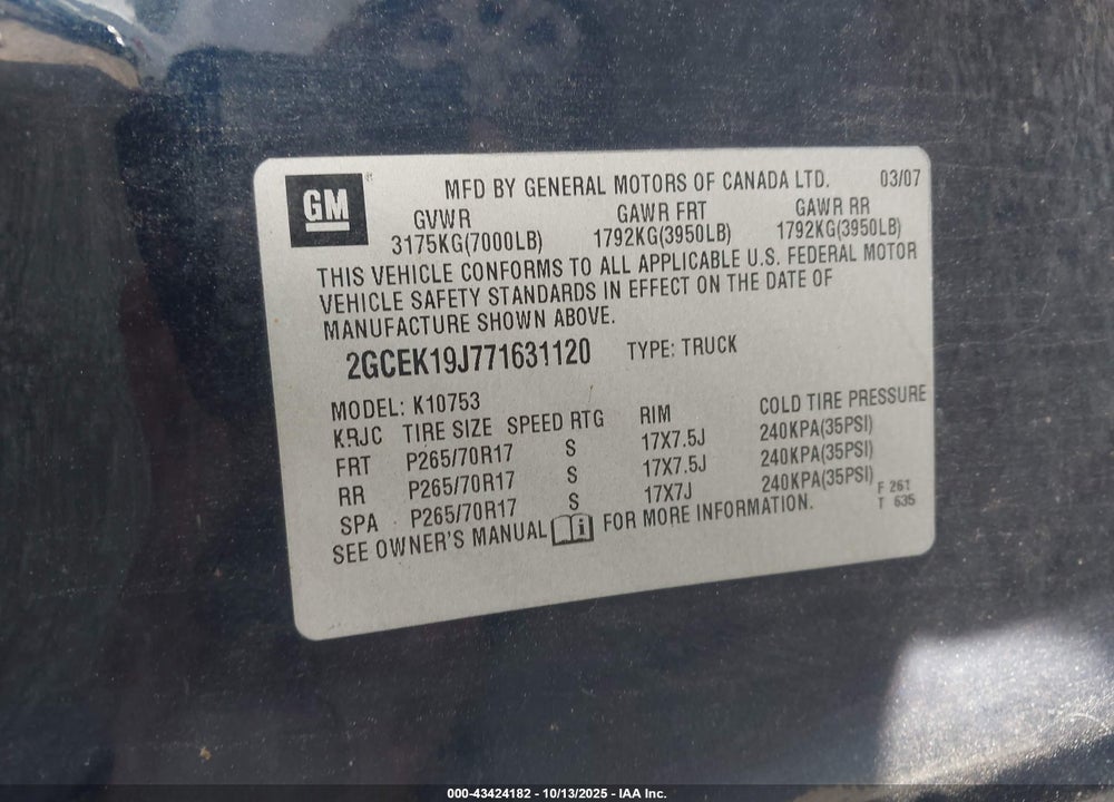 2007 CHEVROLET SILVERADO 1500 VIN: 2GCEK19J771631120