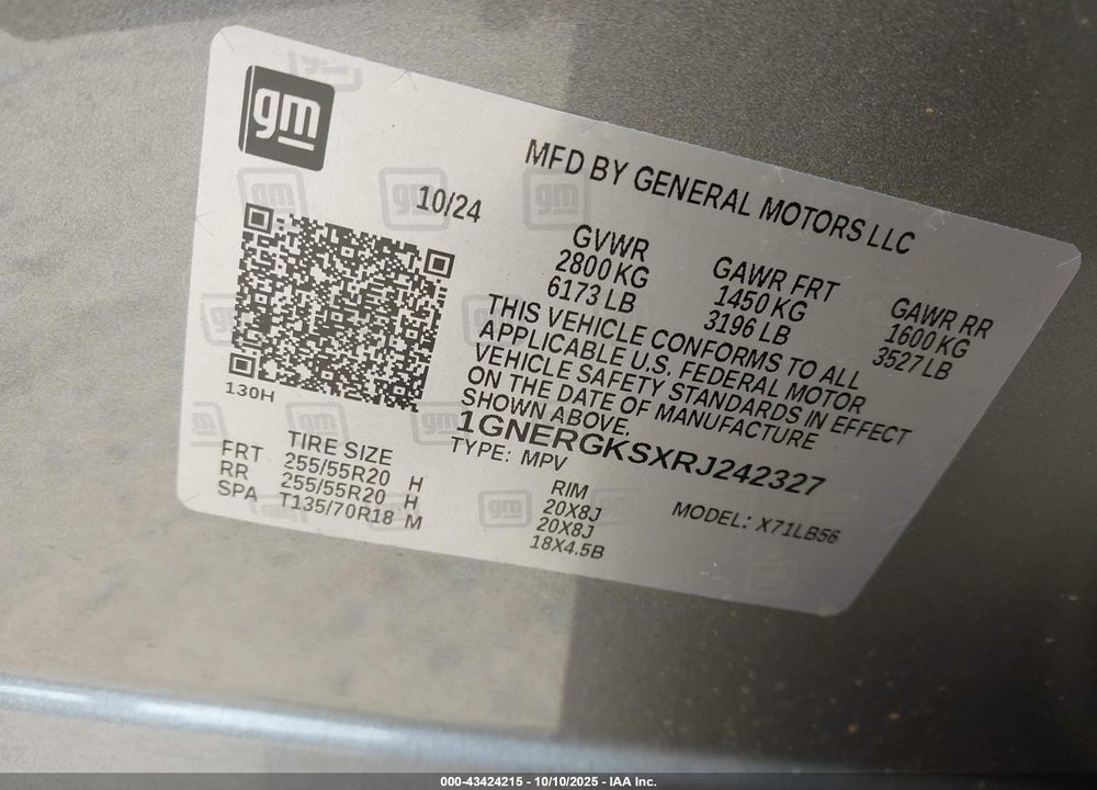2024 CHEVROLET TRAVERSE VIN: 1GNERGKSXRJ242327