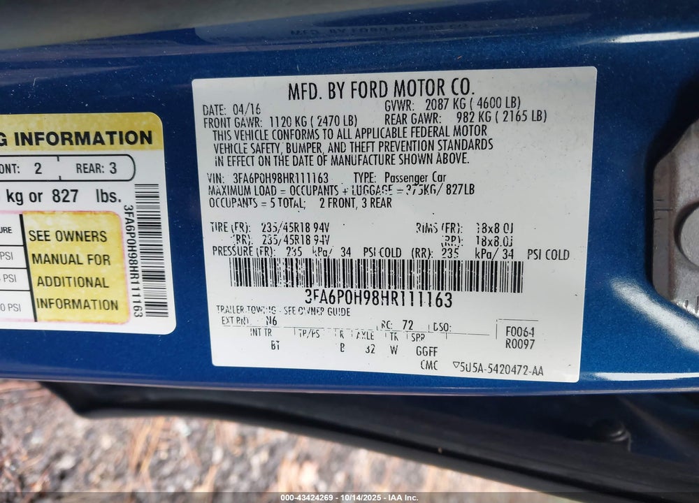 2017 FORD FUSION VIN: 3FA6P0H98HR111163