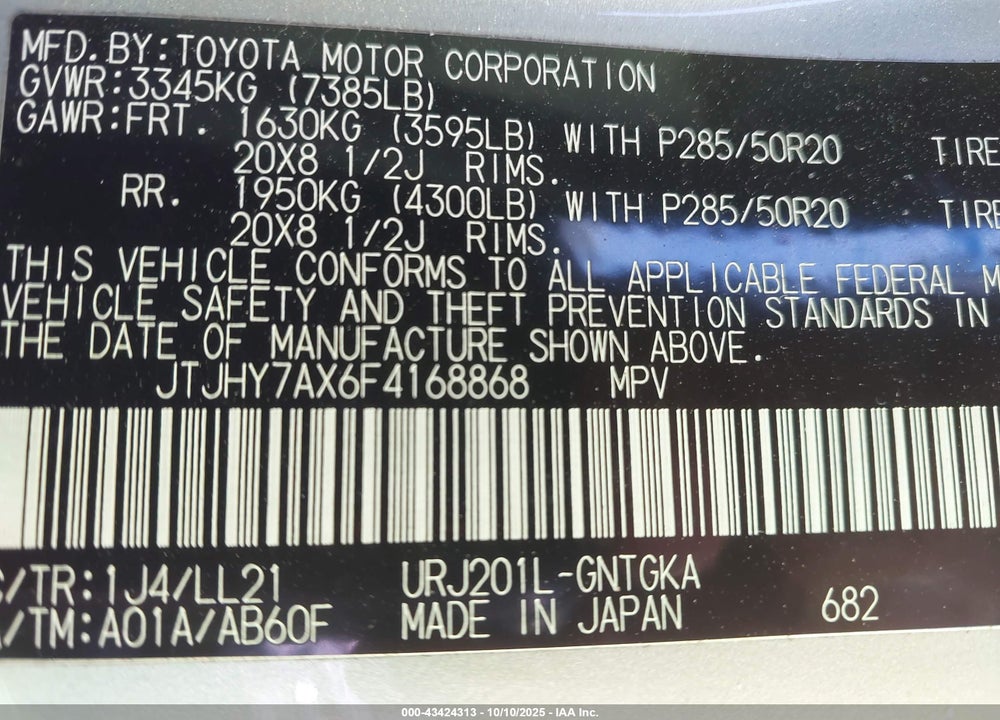 2015 LEXUS LX 570 VIN: JTJHY7AX6F4168868