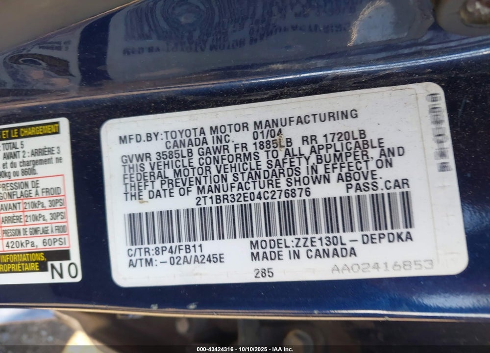 2004 TOYOTA COROLLA CE VIN: 2T1BR32E04C276876