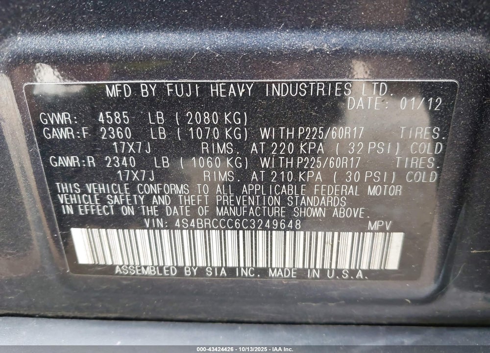2012 SUBARU OUTBACK VIN: 4S4BRCCC6C3249648