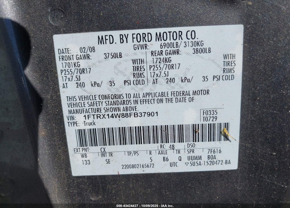 2008 FORD F-150 STX/XL/XLT VIN: 1FTRX14W88FB37901