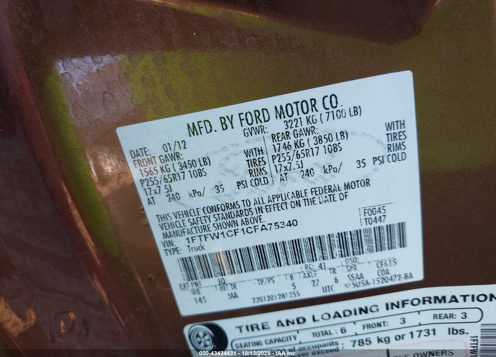 2012 FORD F-150 XLT VIN: 1FTFW1CF1CFA75340