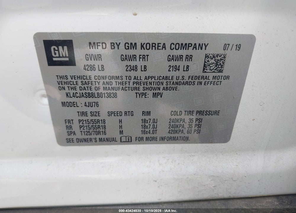 2020 BUICK ENCORE VIN: KL4CJASB8LB013838