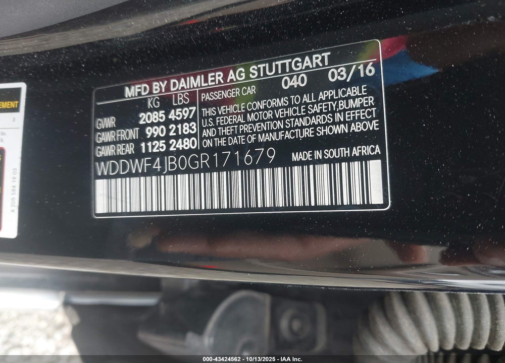 2016 MERCEDES-BENZ C CLASS VIN: WDDWF4JB0GR171679
