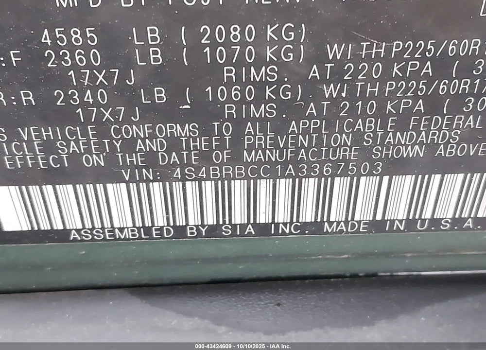 2010 SUBARU OUTBACK 2.5I PREMIUM VIN: 4S4BRBCC1A3367503