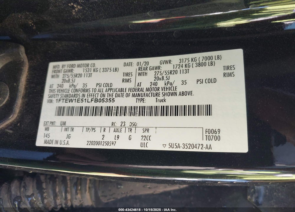 2020 FORD F-150 XL VIN: 1FTEW1E51LFB05355
