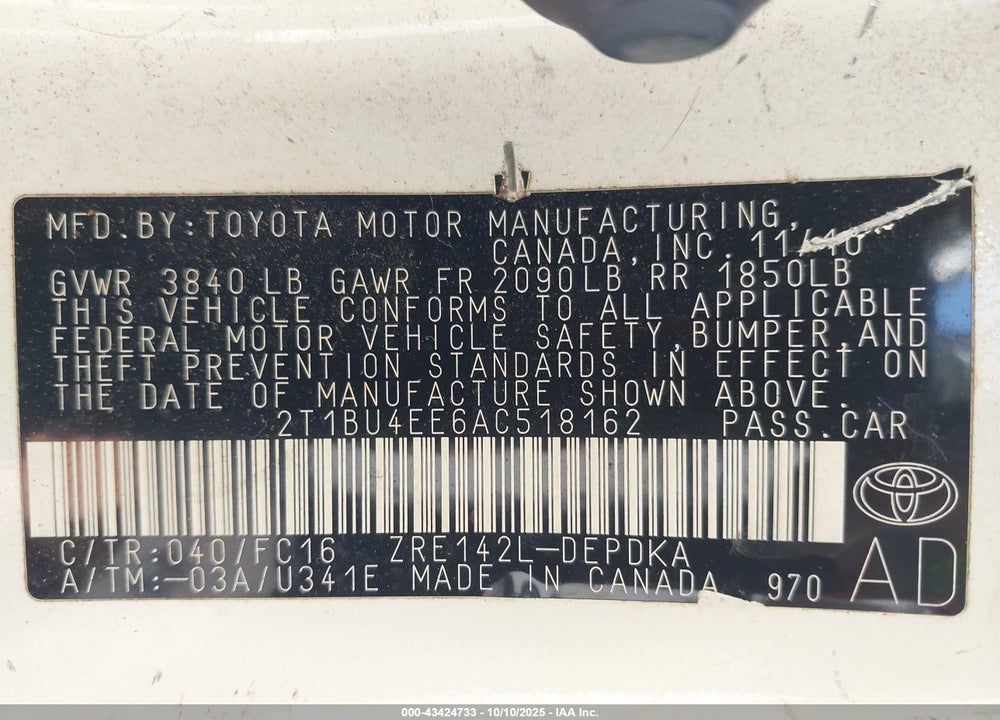 2010 TOYOTA COROLLA LE VIN: 2T1BU4EE6AC518162