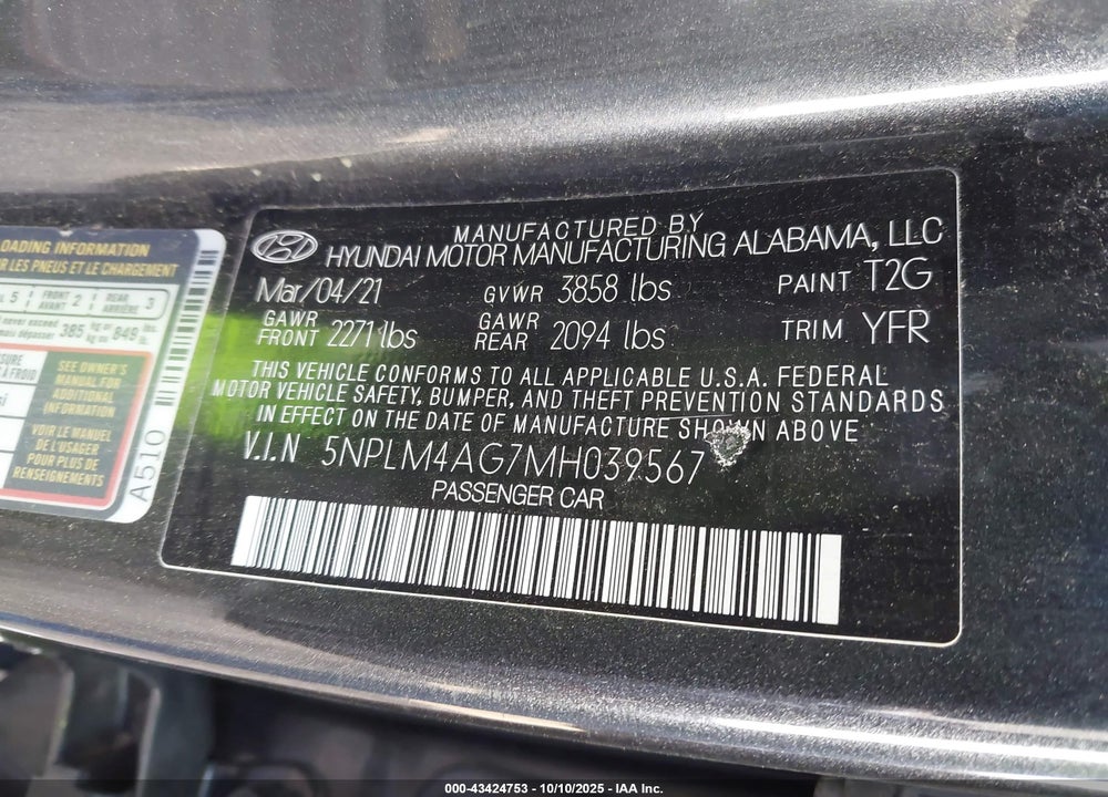 2021 HYUNDAI ELANTRA SEL VIN: 5NPLM4AG7MH039567