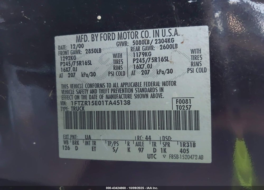 2001 FORD RANGER EDGE/XLT VIN: 1FTZR15E01TA45138