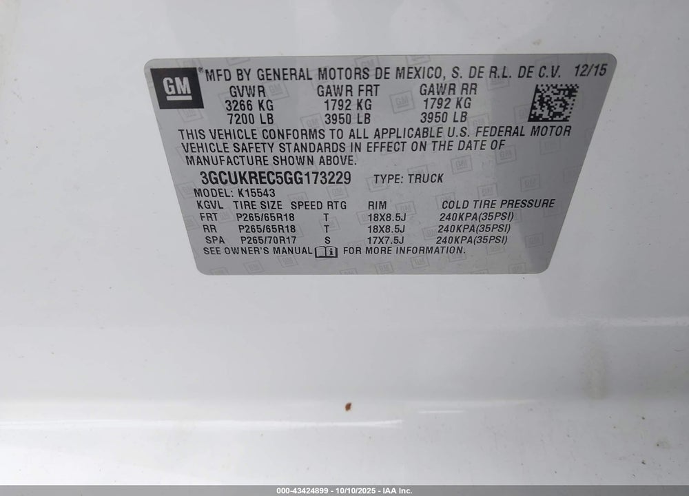 2016 CHEVROLET SILVERADO 1500 1LT VIN: 3GCUKREC5GG173229