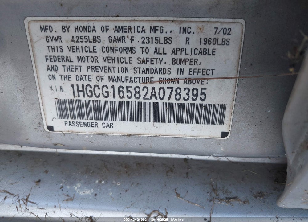 2002 HONDA ACCORD 3.0 EX VIN: 1HGCG16582A078395