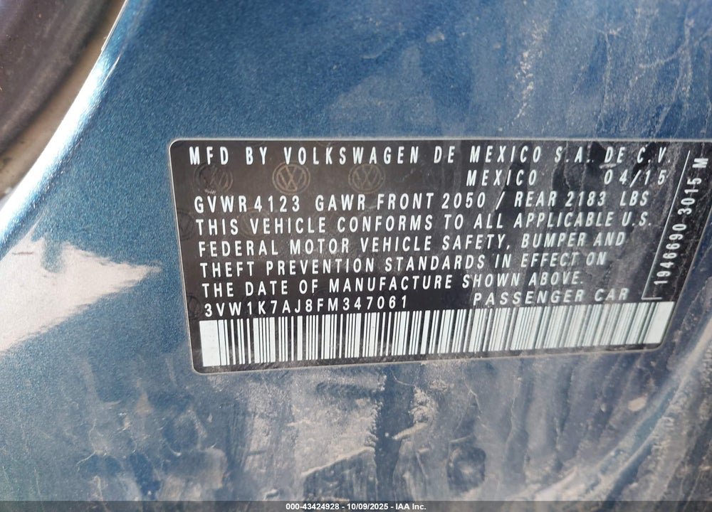 2015 VOLKSWAGEN JETTA VIN: 3VW1K7AJ8FM347061