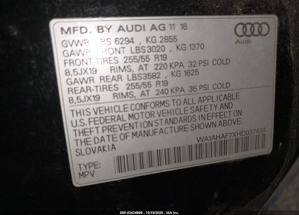 2017 AUDI Q7 2.0T PREMIUM VIN: WA1AHAF7XHD037434