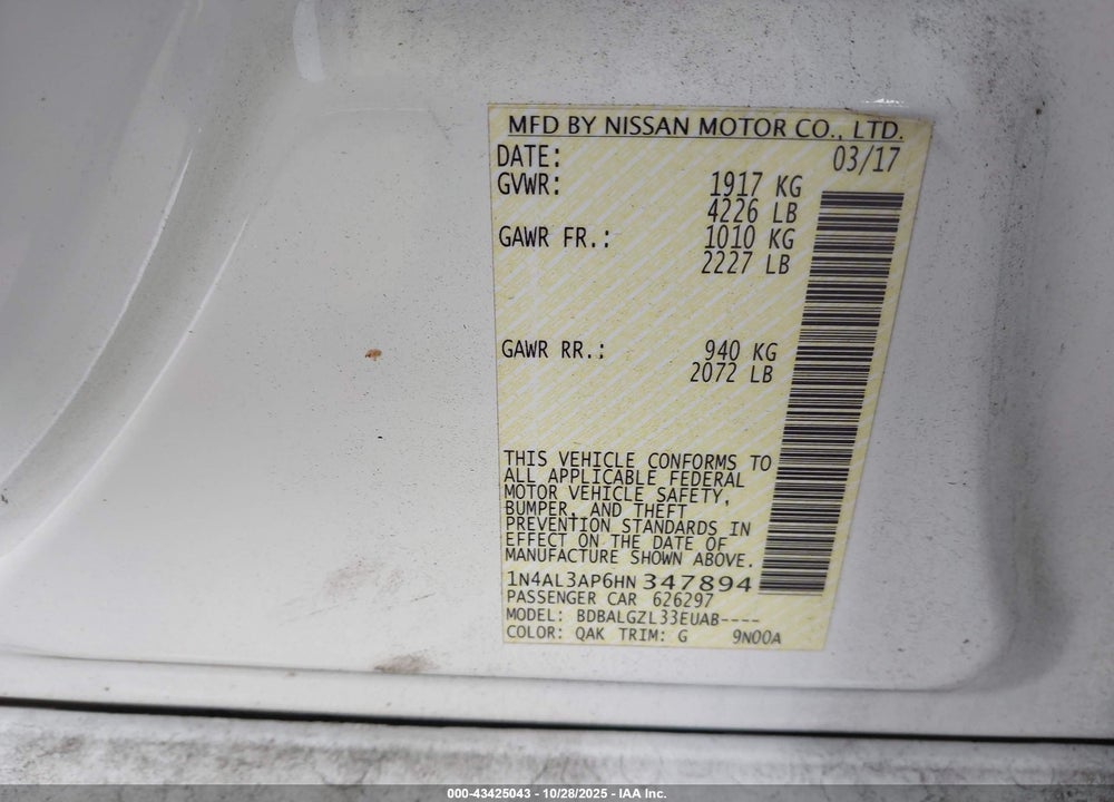 2017 NISSAN ALTIMA VIN: 1N4AL3AP6HN347894