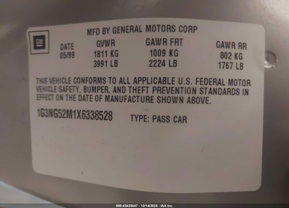 1999 OLDSMOBILE CUTLASS GLS VIN: 1G3NG52M1X6338528