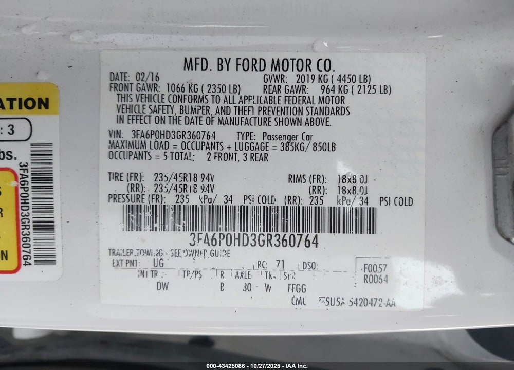 2016 FORD FUSION VIN: 3FA6P0HD3GR360764