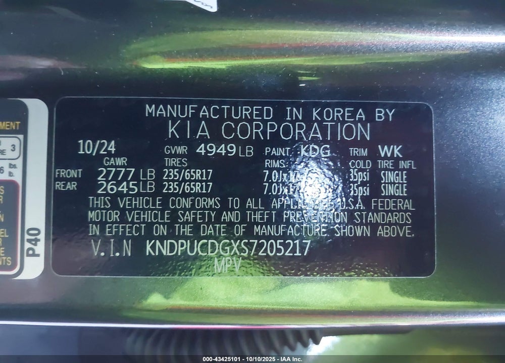 2025 KIA SPORTAGE HYBRID VIN: KNDPUCDGXS7205217