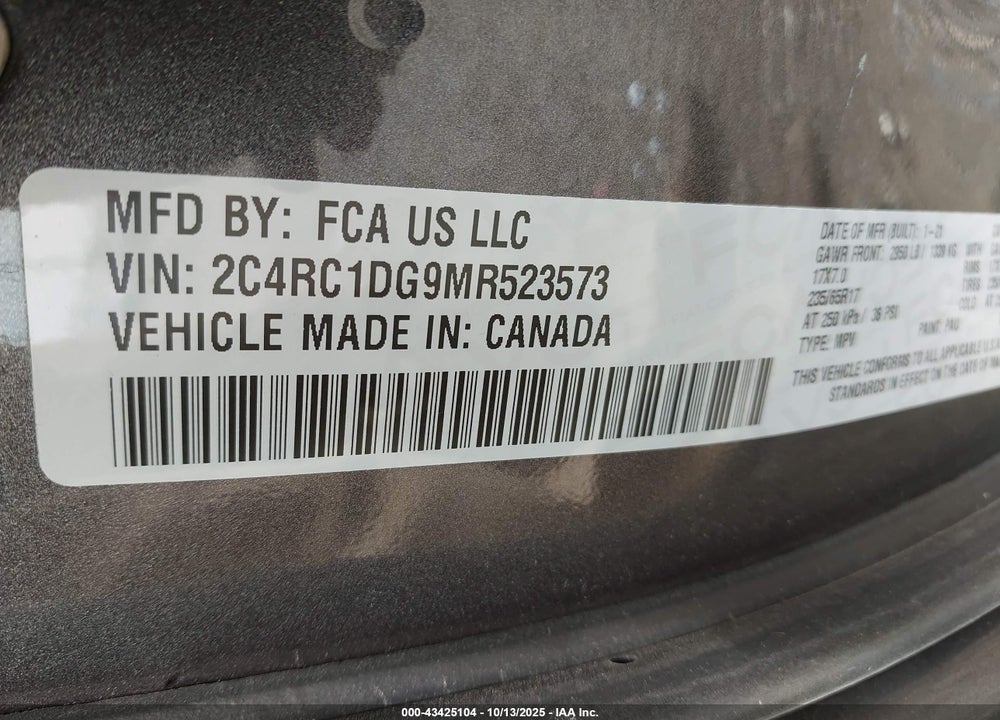 2021 CHRYSLER VOYAGER LXI VIN: 2C4RC1DG9MR523573