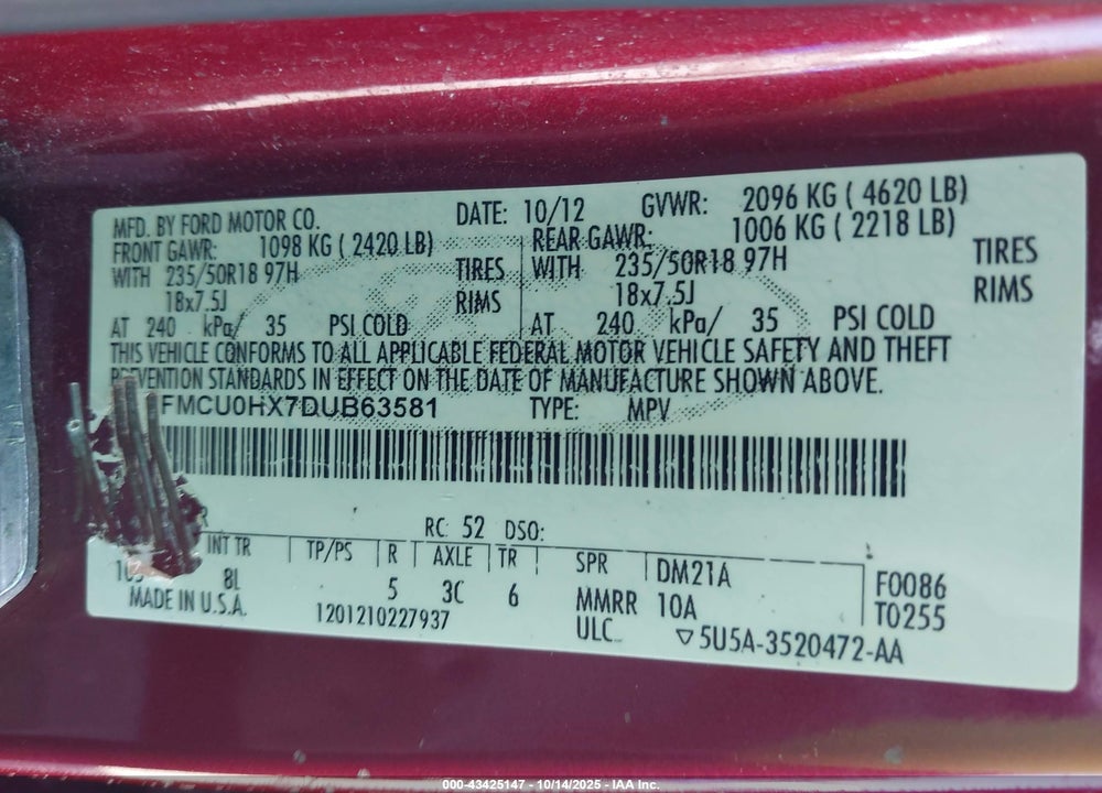 2013 FORD ESCAPE SEL VIN: 1FMCU0HX7DUB63581