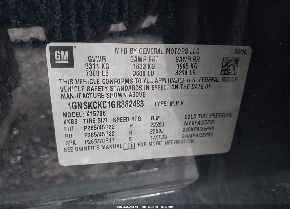 2016 CHEVROLET TAHOE LTZ VIN: 1GNSKCKC1GR382483