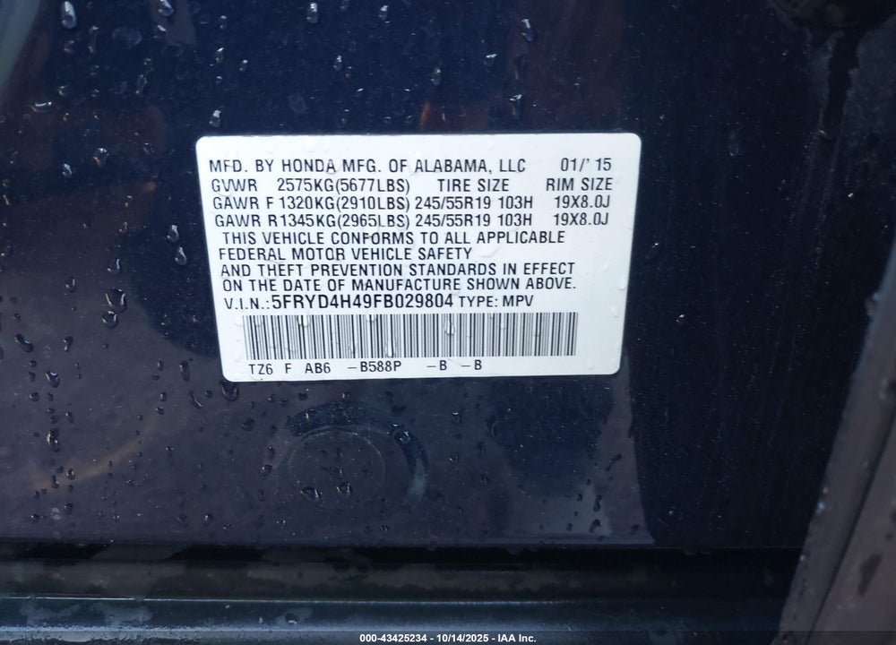 2015 ACURA MDX VIN: 5FRYD4H49FB029804