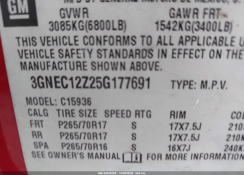 2005 CHEVROLET AVALANCHE 1500 Z66 VIN: 3GNEC12Z25G177691
