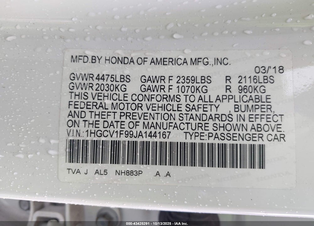 2018 HONDA ACCORD VIN: 1HGCV1F99JA144167