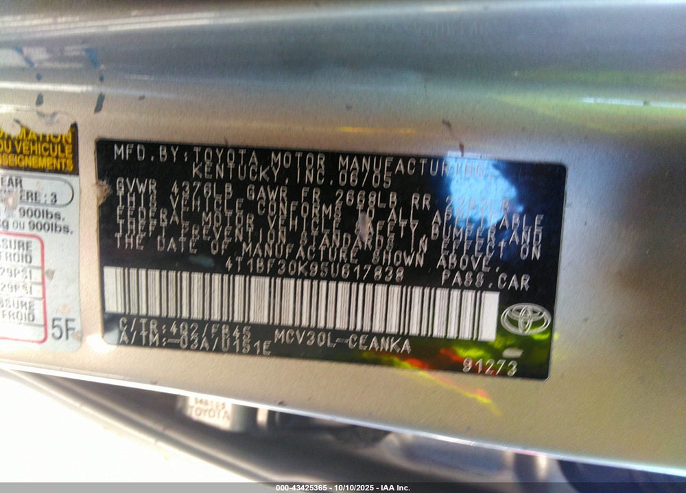 2005 TOYOTA CAMRY LE V6 VIN: 4T1BF30K95U617838