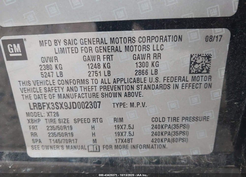 2018 BUICK ENVISION PREMIUM I VIN: LRBFX3SX9JD002307