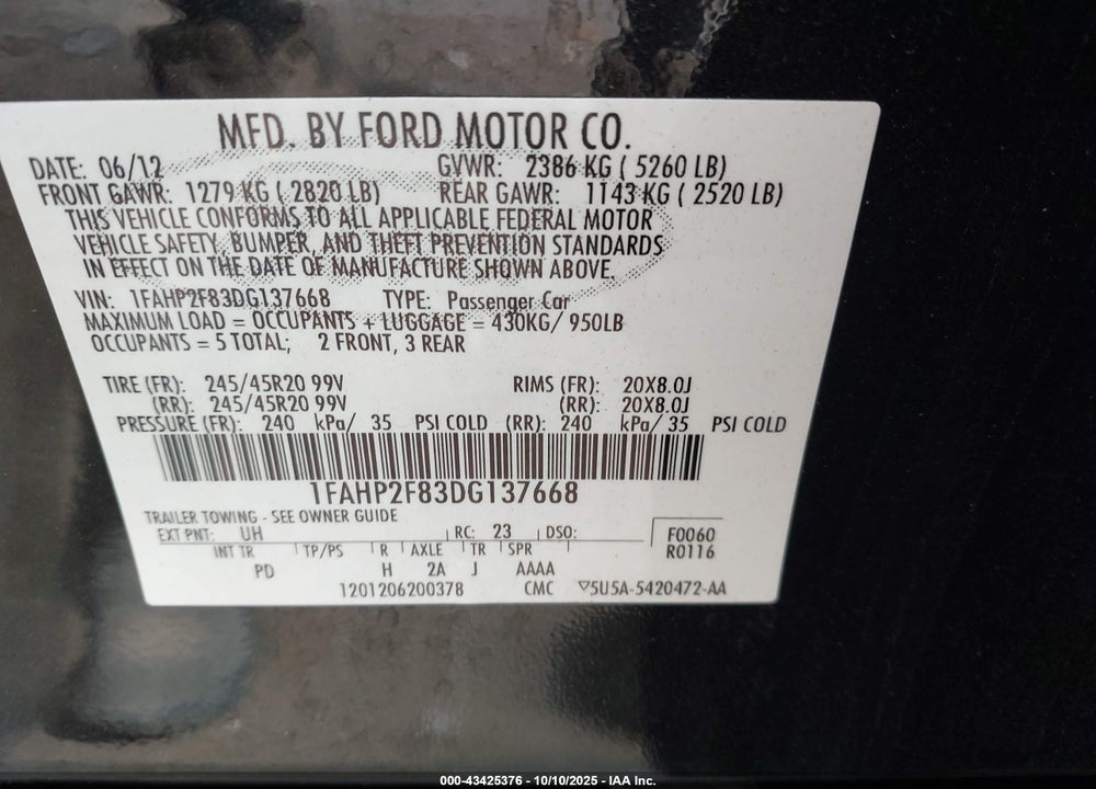 2013 FORD TAURUS VIN: 1FAHP2F83DG137668