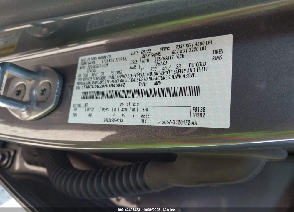 2022 FORD ESCAPE SE HYBRID VIN: 1FMCU0BZ0NUB46942