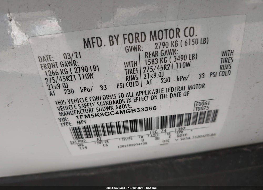 2021 FORD EXPLORER ST VIN: 1FM5K8GC4MGB33366