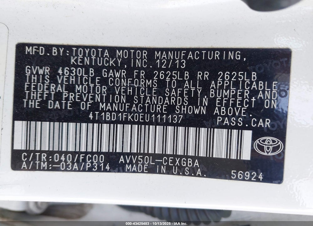 2014 TOYOTA CAMRY HYBRID XLE VIN: 4T1BD1FK0EU111137
