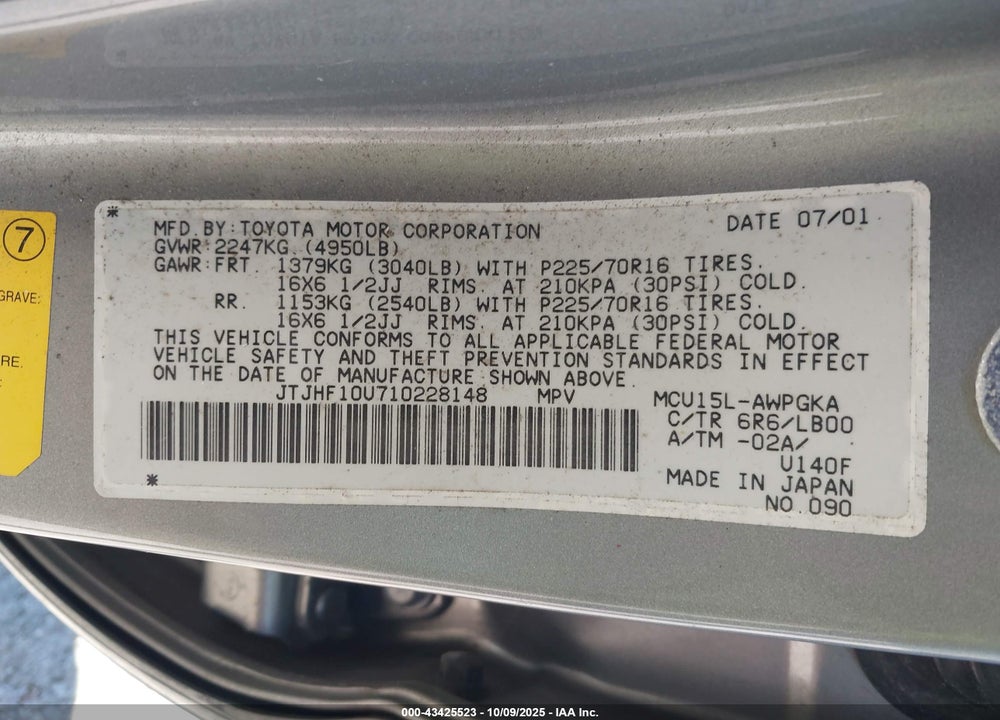 2001 LEXUS RX 300 VIN: JTJHF10U710228148
