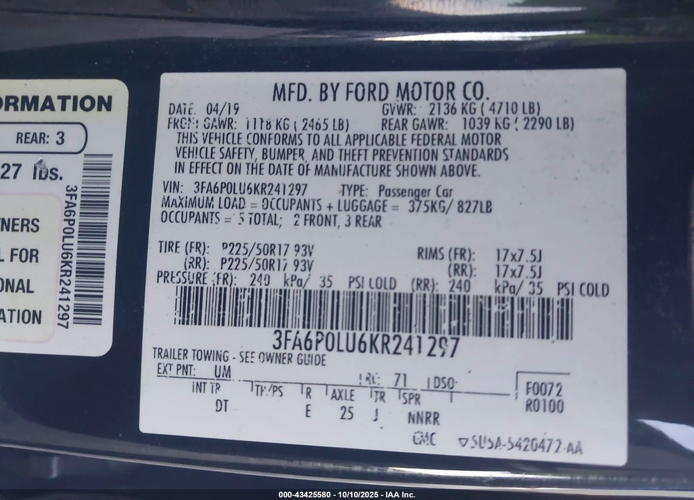 2019 FORD FUSION HYBRID SE VIN: 3FA6P0LU6KR241297