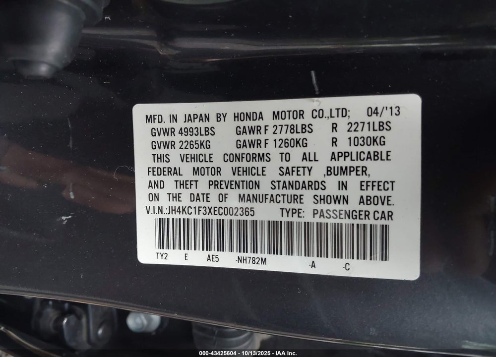 2014 ACURA RLX VIN: JH4KC1F3XEC002365
