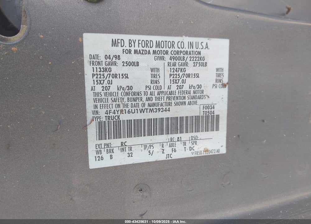 1998 MAZDA B3000 SE VIN: 4F4YR16U1WTM39344