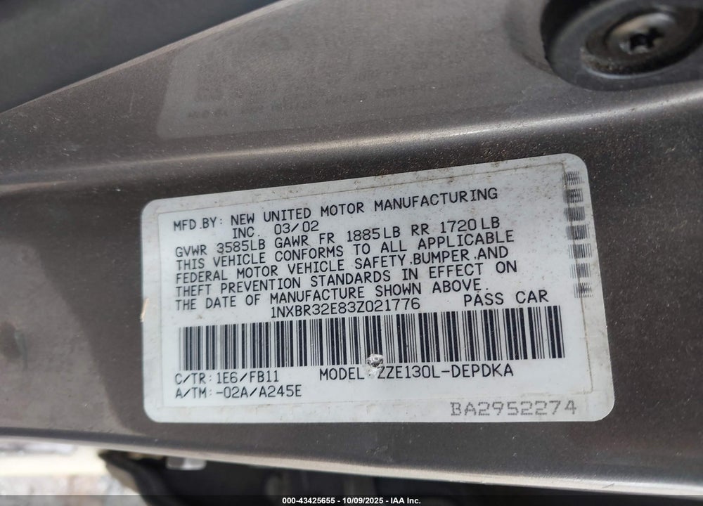 2003 TOYOTA COROLLA CE VIN: 1NXBR32E83Z021776