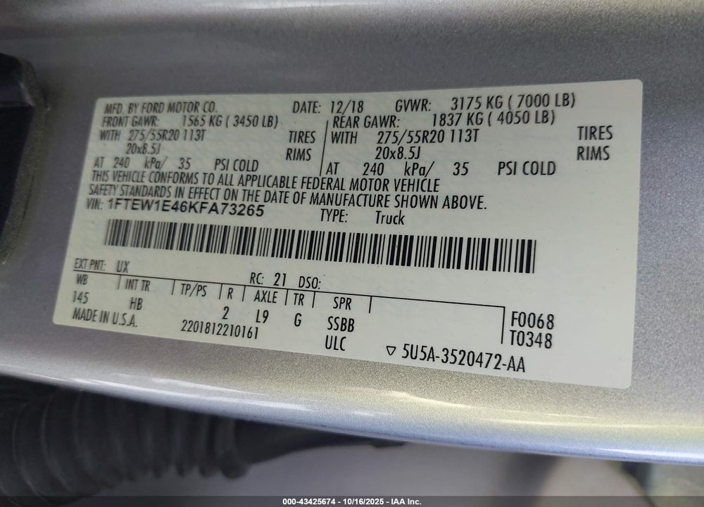 2019 FORD F-150 LARIAT VIN: 1FTEW1E46KFA73265