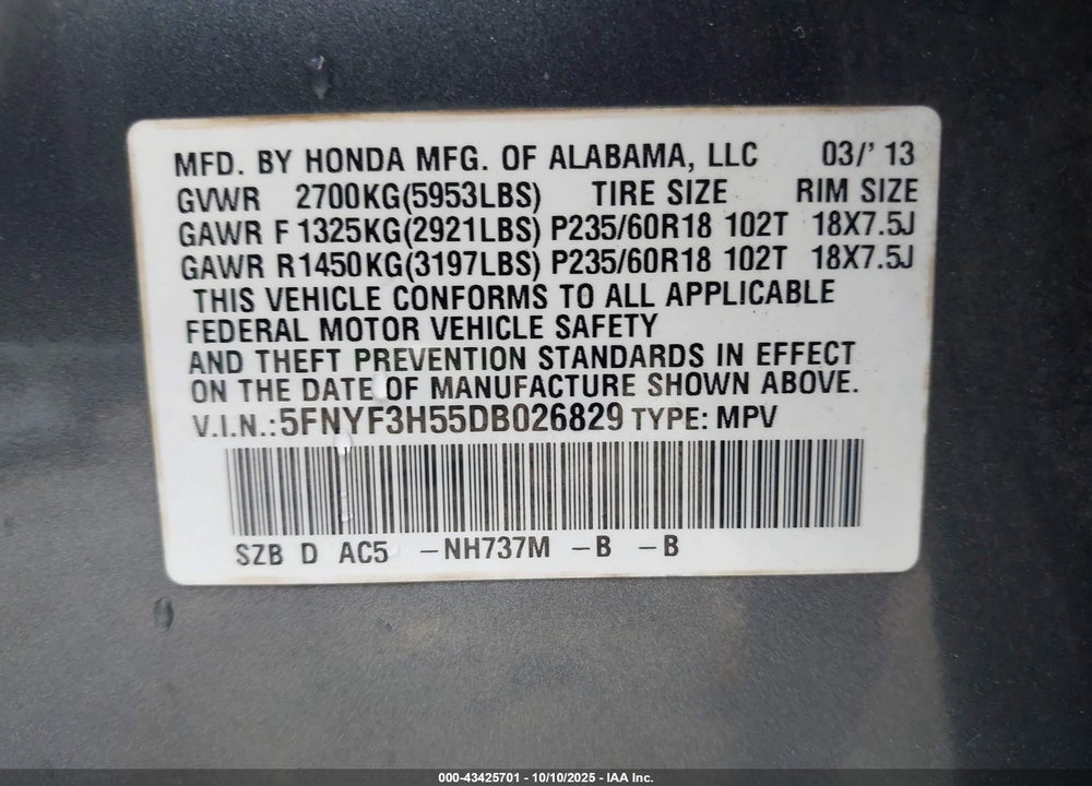 2013 HONDA PILOT EX-L VIN: 5FNYF3H55DB026829