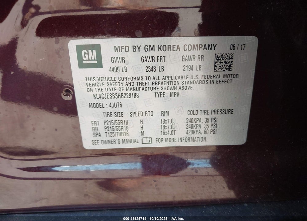 2017 BUICK ENCORE PREFERRED VIN: KL4CJESB3HB229188