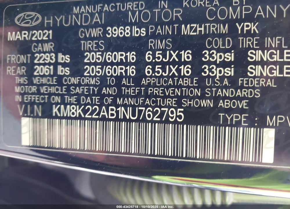 2022 HYUNDAI KONA SE VIN: KM8K22AB1NU762795